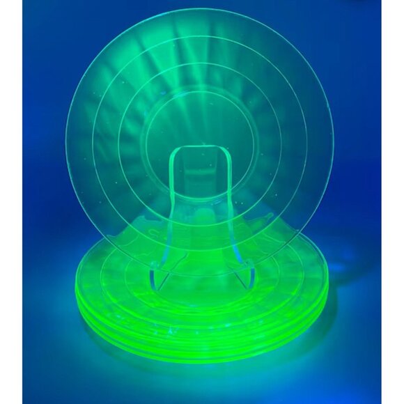 15pc Anchor Hocking Block Optic Dessert Plates Uranium Depression Glass Vaseline